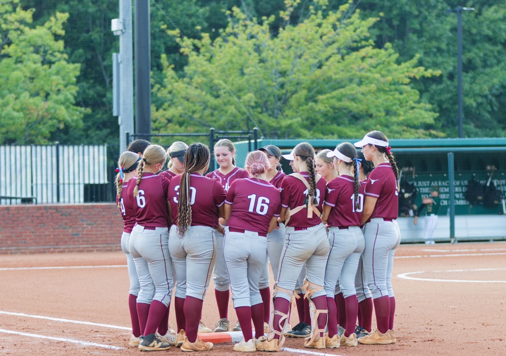 The softball team huddled together before a game to prepare (Caitlin Goodwin).