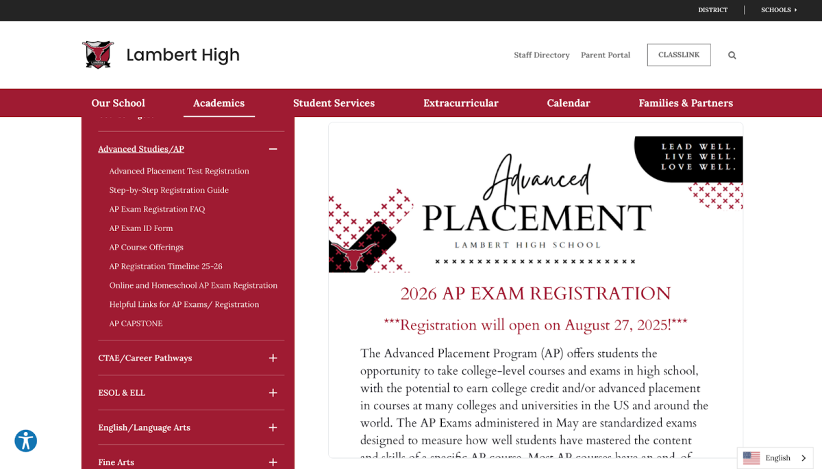 This image shows the Lambert High School website, where students can find information about AP classes and exams (Lambert High School).