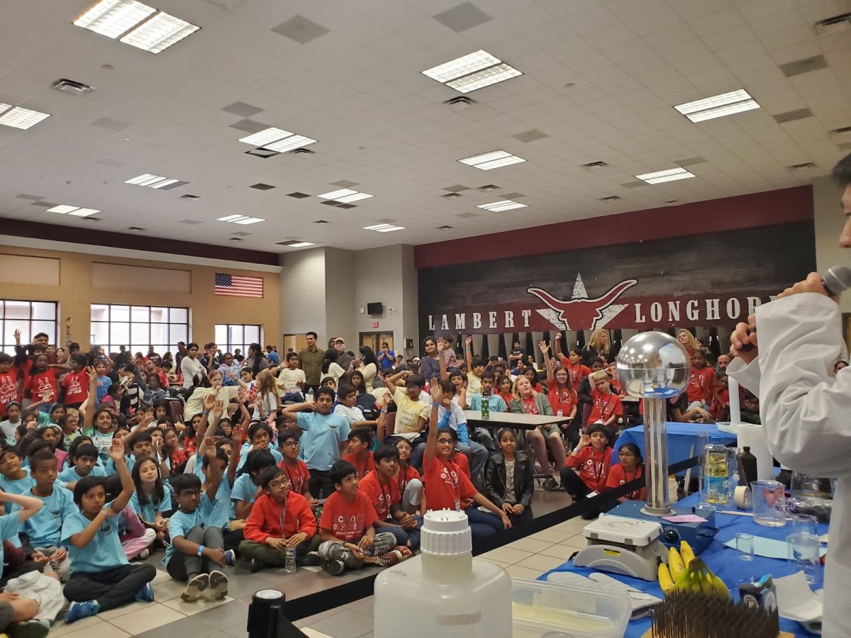 The image shows all the elementary school students who participated in the 23-24 Elementary Science Olympiad hosted at Lambert (Lambert Science Olympiad).