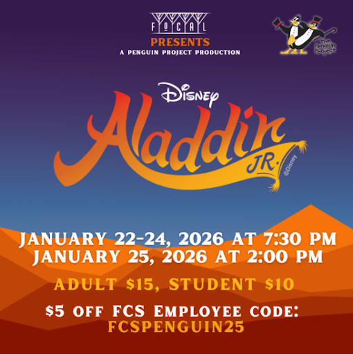 A flyer for Aladdin Junior at the FoCAL Center from January 22 to January 25 hosted by the Penguin Project (FoCAL Center).

